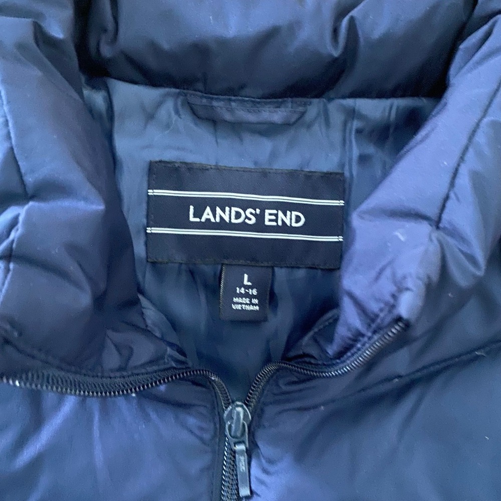 Lands End Navy Blue Puffer Vest Womens Large Chevron Quilted Full Zip Sleeveless - Picture 2 of 5